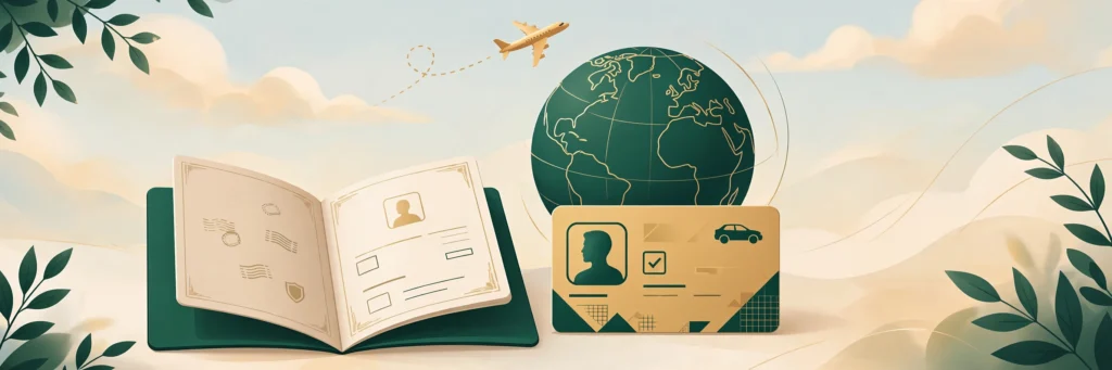 International Driving Permit Pakistan – passport, driving license card and globe illustration